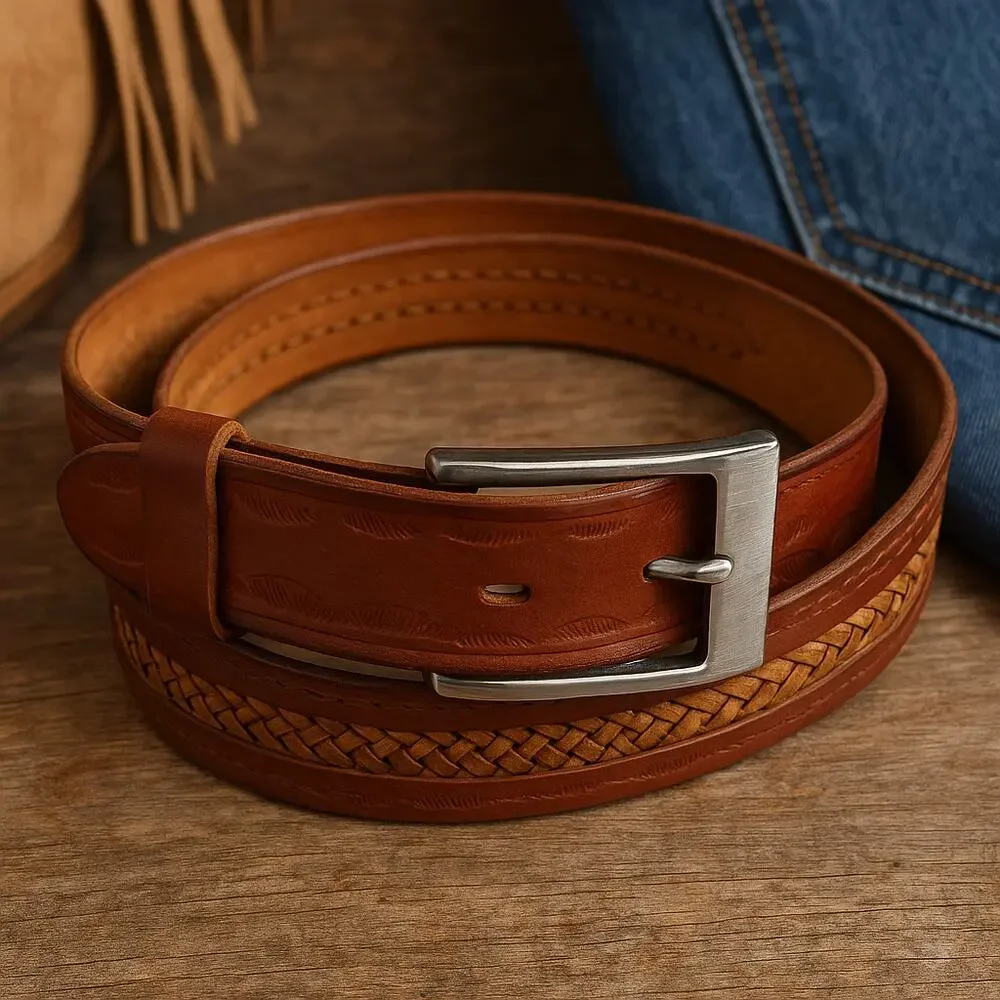 Cindilo Mens Tooled Leather Belt Size 42 Brown Braided Western Made in Mexico